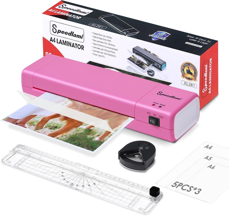 speedlami 90 Seconds Fast preheat, 4 in 1 Laminator Machine,Home laminator,A4 Laminating Machine Hot & Cold with Paper Trimmer & Corner Rounder,9 Inch Thermal Laminator Machine for Home Office (Pink) - Image 1
